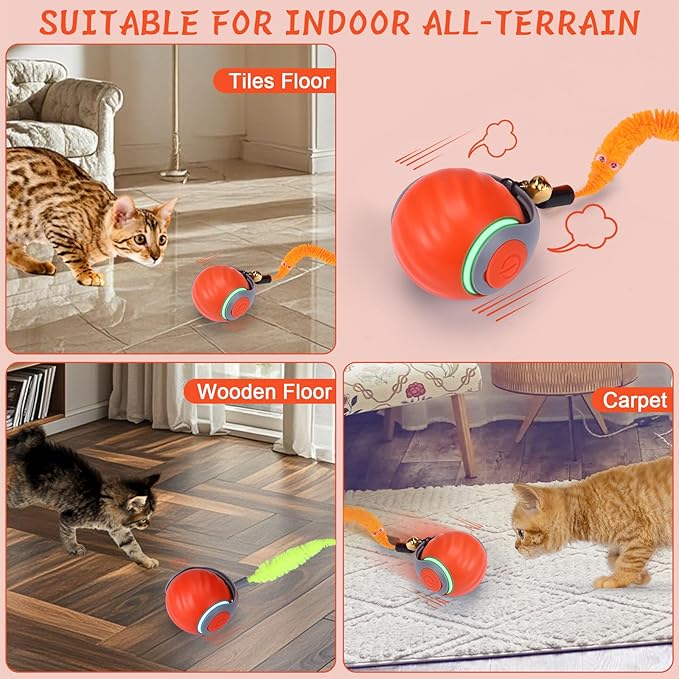 BABORUI 2Pack Orange Interactive Cat Toy Ball - Automatic Interactive Cat Toys for Indoor Cats with 3 Tails, 2 Speeds Rechargeable Enrichment for Small/Medium/Large to Keep Them Busy