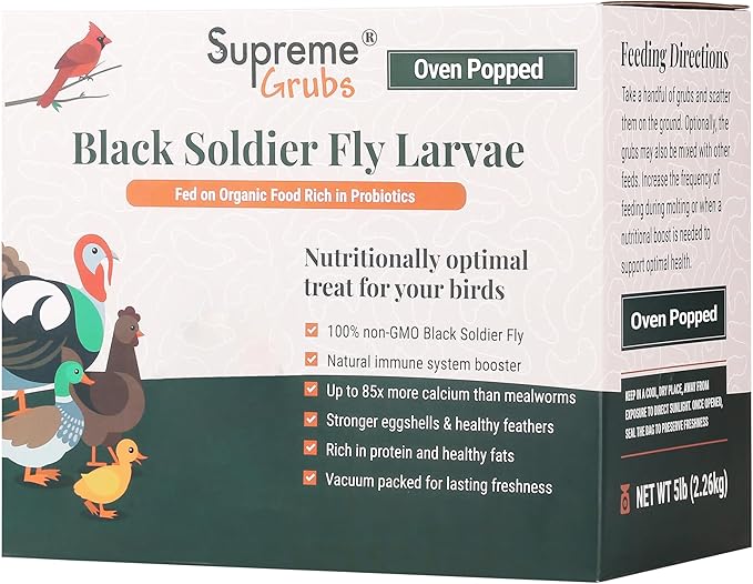 Natural Black Soldier Fly Larvae for Chickens, 85X More Calcium Than Mealworms-High Protein Grub Food Chicken Treats for Hens, Probiotic-Rich Chicken Feed, Calcium-Dense Bird Treat 5lb