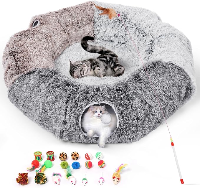 Odoland Large Cat Tunnel and Fluffy Bed - Indoor Detachable Cave With 20 Toys, Donut Tunnel and Variety Kitten Toy Set for Chewing and Playing