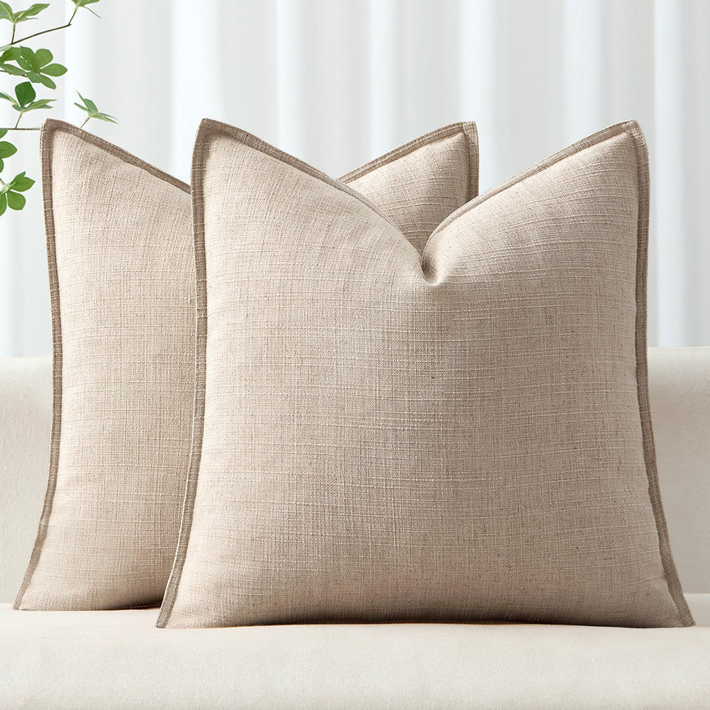 MIULEE Decorative Pillow Covers 18x18, 2 Pack Boho Farmhouse Neutral Throw Pillows for Couch, Thick Textured Modern Linen Cushion Cases Sofa Bed Living Room Home Decor, Natural Linen
