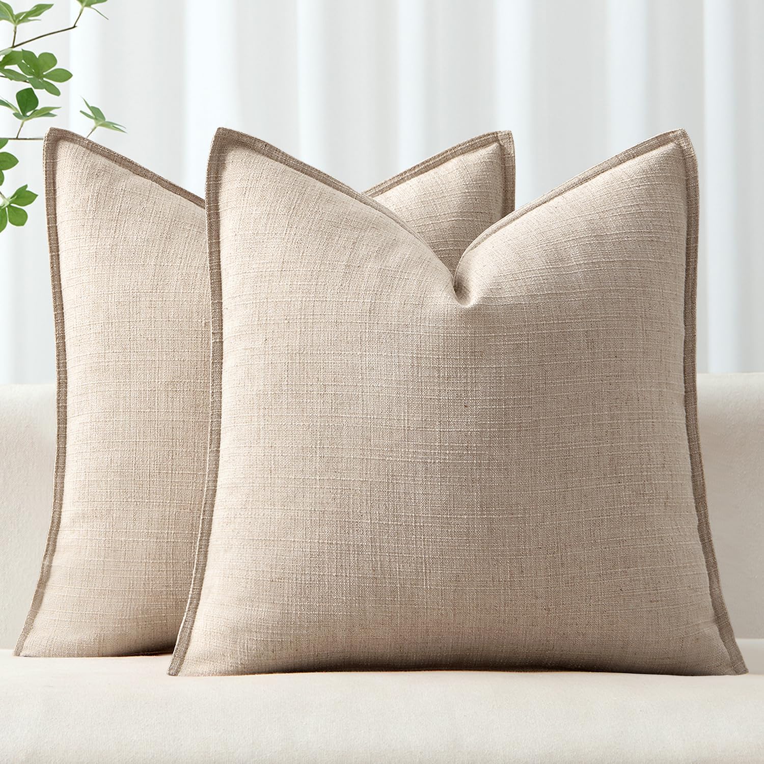 MIULEE Decorative Pillow Covers 18x18, 2 Pack Boho Farmhouse Neutral Throw Pillows for Couch, Thick Textured Modern Linen Cushion Cases Sofa Bed Living Room Home Decor, Natural Linen