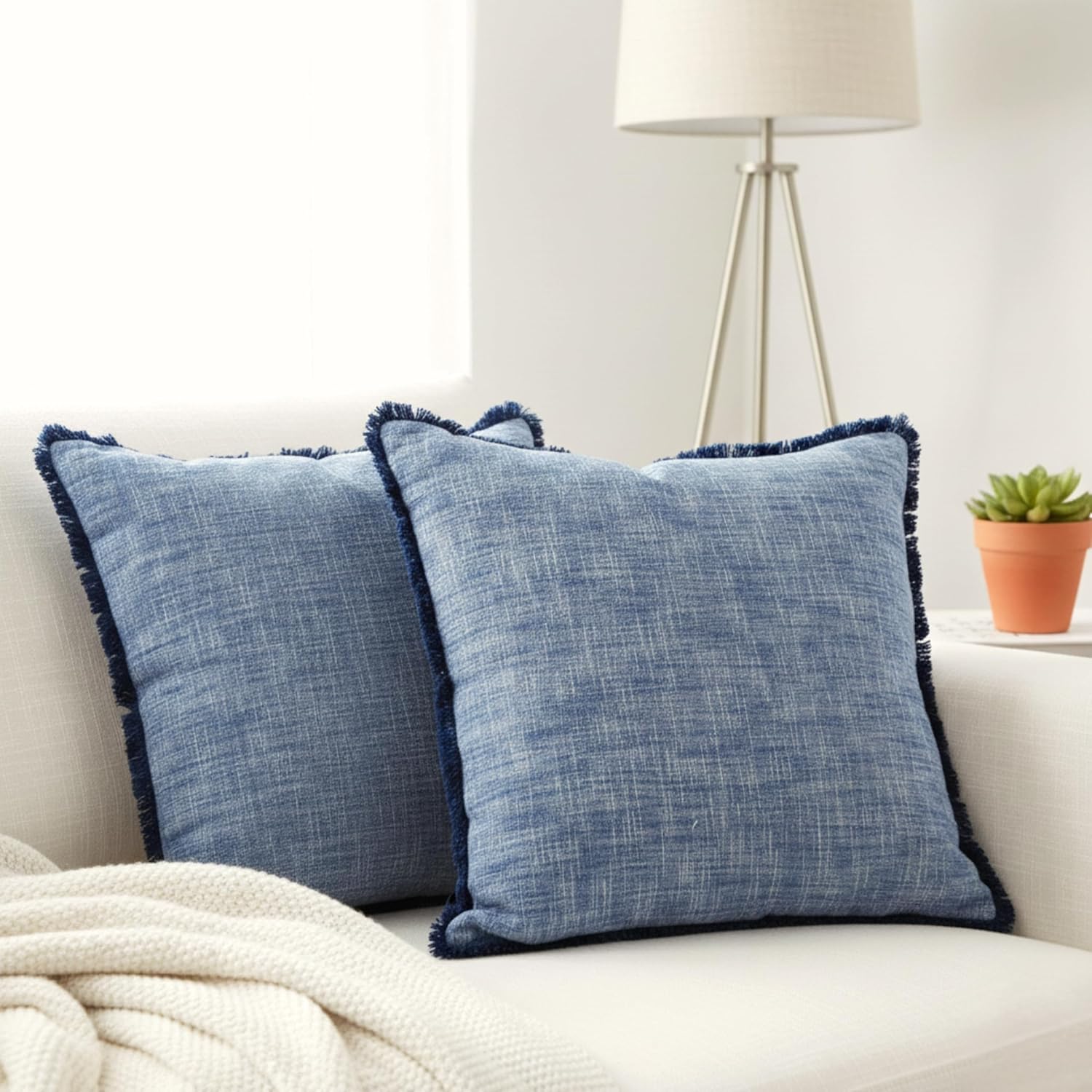 Set of 2 Textured Cotton Throw Pillow Covers with Decorative Fringe at Edges Farmhouse Cushion Cover with Tassels Linen Like Accent Pillowcases for Bed Couch Chair Sofa Living Room,16×16 Inch,Blue