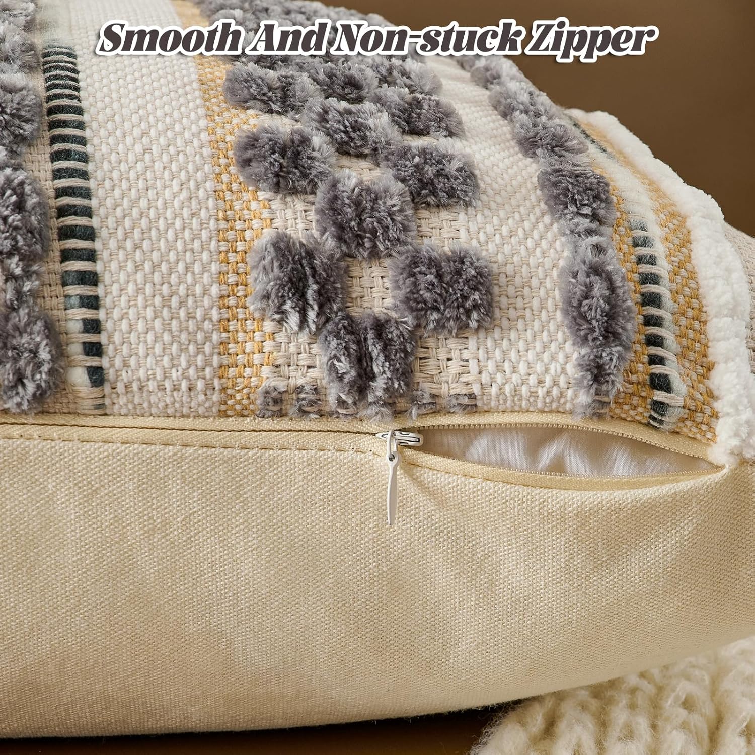 AmHoo Chenille Striped Textured Boho Throw Pillow Covers Aesthetic with Tassels Woven Decorative Pillow Case for Couch Bed Sofa Bedroom Modern Funky 18 x 18-Inch Grey White