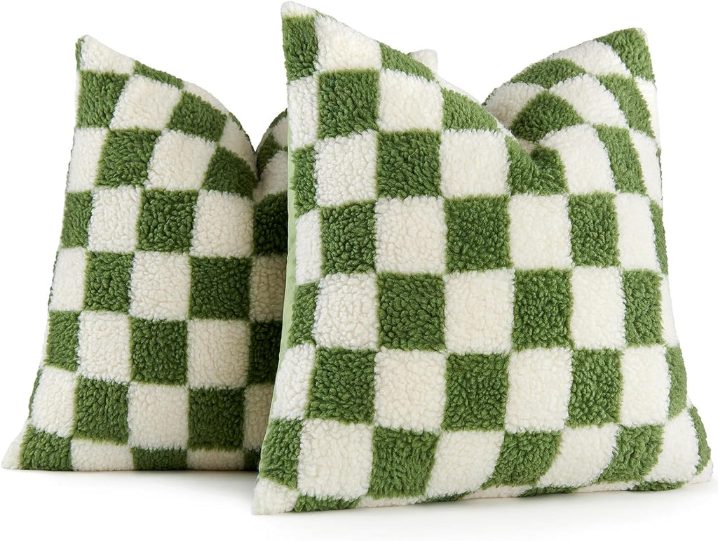 AmHoo Pack of 2 Decorative Throw Pillow Covers Checkerboard Luxury Super Soft Faux Fur Wool Set Case Cushion for Couch Sofa Bedroom 24 x 24-Inch Sage Green