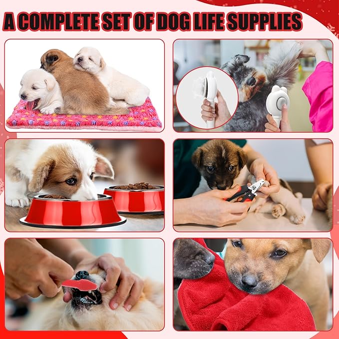 Abbylike 50 Pcs Puppy Supplies Starter Kit for Small Dogs Puppy Essentials Includes Leash, Bowls, Teeth Brushes, Water Bottle, and More Accessories for Dogs Christmas Welcome Gift(Red)