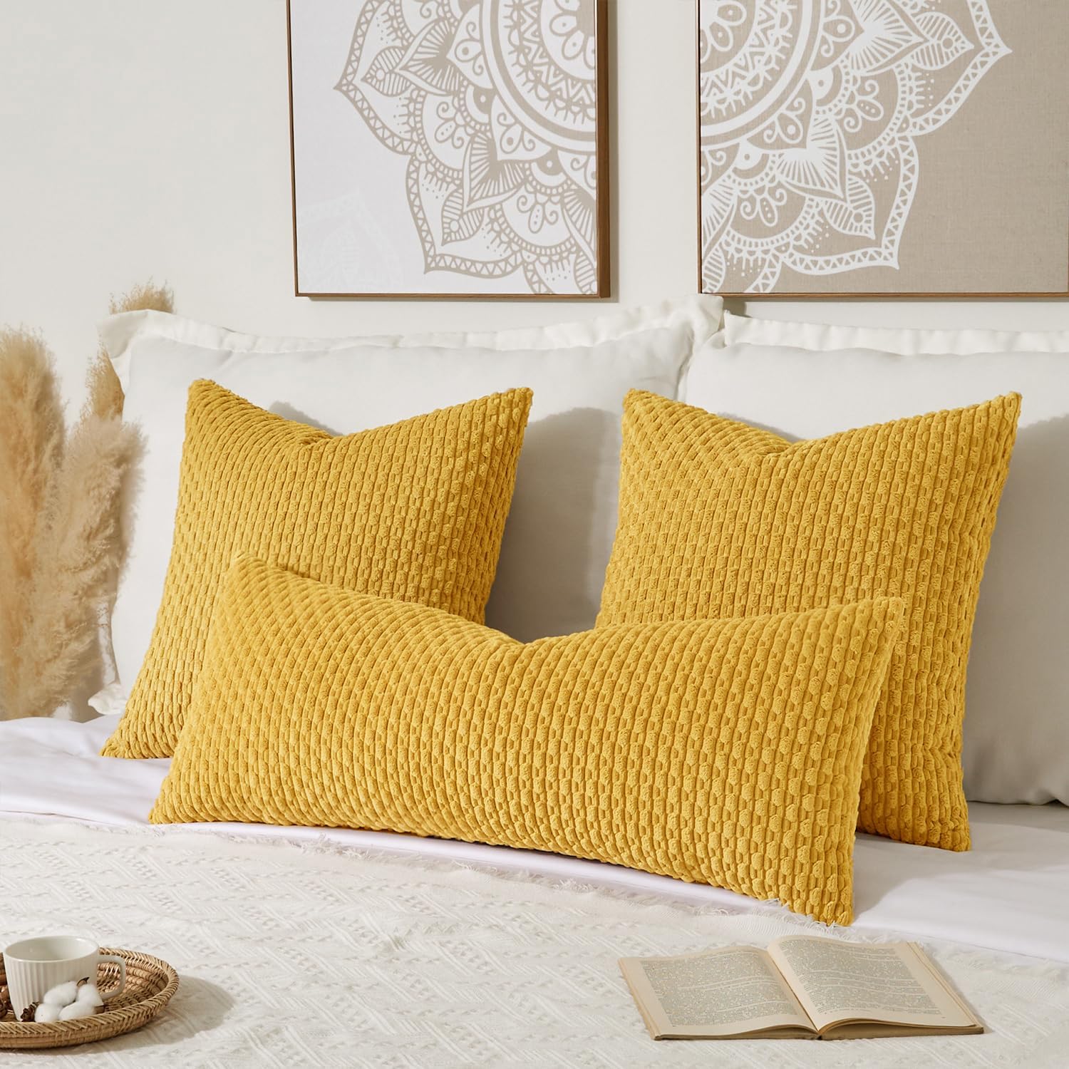 Kevin Textile 20x54 Inch Long Body Lumbar 1 Pack Boho Decorative Throw Pillow Cover Soft Striped Corduroy Rectangle Cushion Case Farmhouse Accent for Living Room Couch Sofa Bed, Mustard Yellow