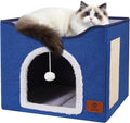 Cat Beds for Indoor Cats, Cat House Cat Cave Beds with Scratch Pad, Foldable Cat Condo Hut with Hanging Ball, Covered Cat Tent for Hideaway, Cute Cat Tunnel Bed for Small Pet Kitten Kitty(Blue)