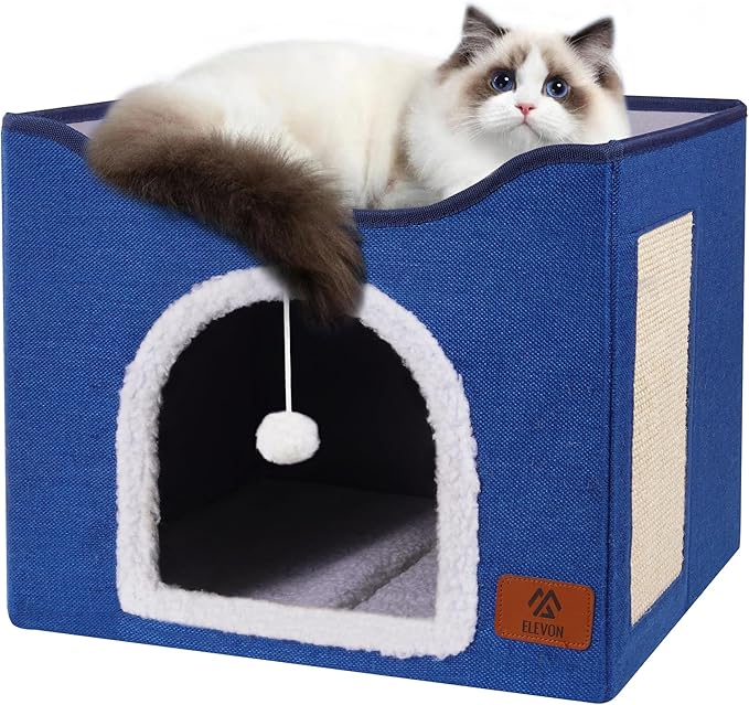 Cat Beds for Indoor Cats, Cat House Cat Cave Beds with Scratch Pad, Foldable Cat Condo Hut with Hanging Ball, Covered Cat Tent for Hideaway, Cute Cat Tunnel Bed for Small Pet Kitten Kitty(Blue)