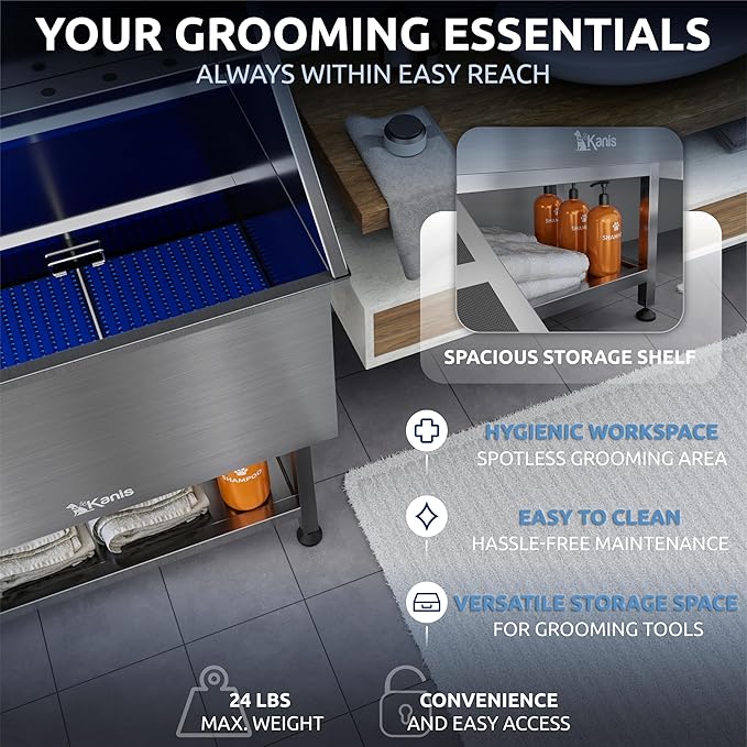 KANIS Professional Dog Washing Station - 304 Stainless Steel Pet Wash Sink & Grooming Bathtub w/Shower, Floor Grates and Storage for Large, Medium & Small Pets (50", Shelf - Left Ramp)