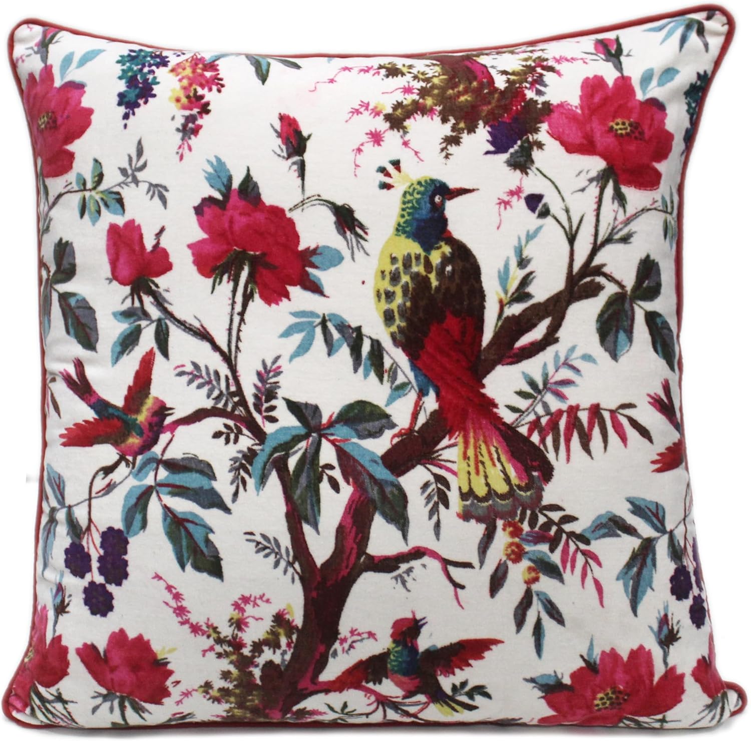 Eyes of India Velvet Floral Flower Bird Throw Pillow Sofa Cushion Cover Case Couch Colorful Boho Chic Bohemian Accent Indian Handmade (White, 24" x 24")