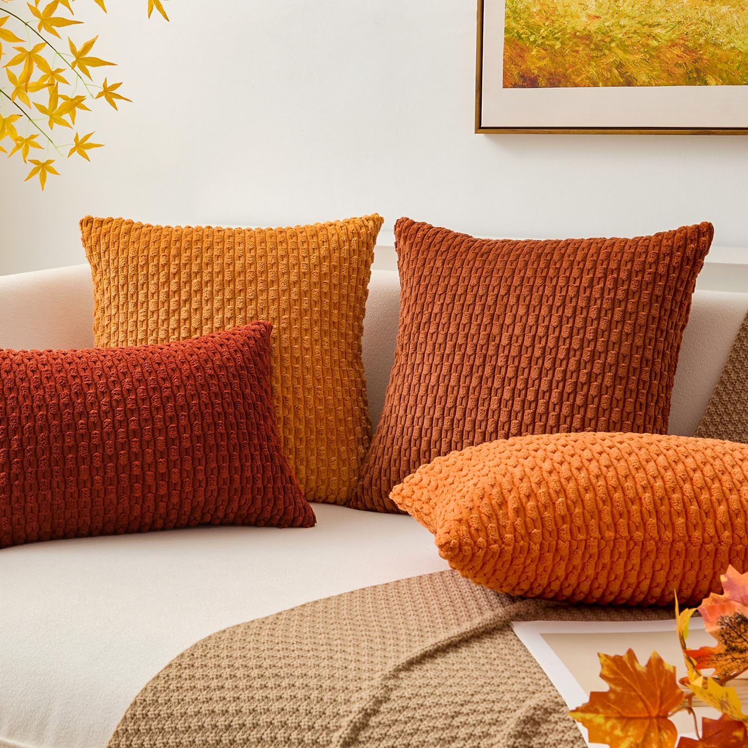 Kevin Textile Fall 12x20 Inch Pillow Cover 1 Pack Boho Decorative Soft Striped Corduroy Lumbar Farmhouse Solid Color Accent Rectangle Cushion Case for Living Room Couch Sofa Bed, Burnt Brick