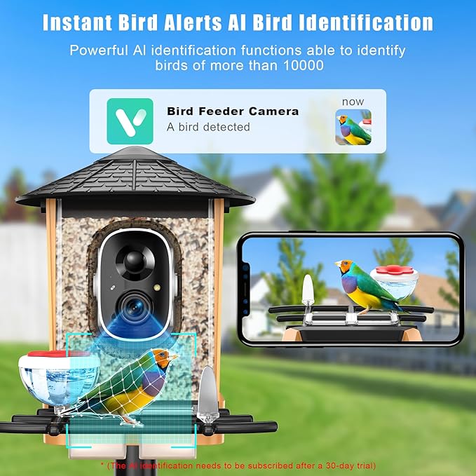 Smart Bird Feeder with Camera with AI Identify Birds Species & Solar Panel, WiFi Birdfeeder with Cam, 2K Live View, Chew-Proof & Waterproof Design, Real-Time App Alerts, Gift for Bird Lovers, Black