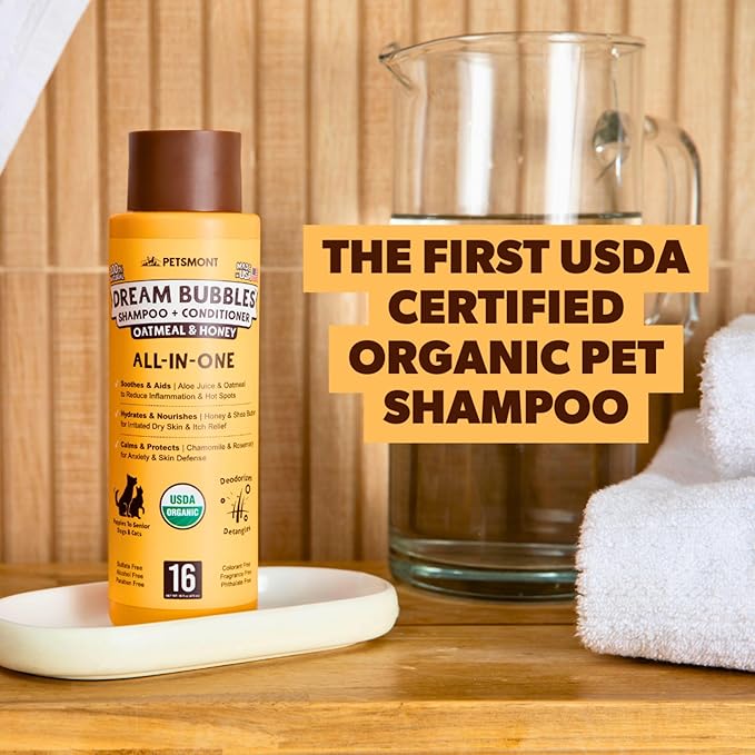 Petsmont Dream Bubbles Organic Shampoo + Conditioner for Dogs and Cats - Oatmeal Shampoo for Sensitive Skin, Anti Itch Conditioner 2 in 1 Dog Itch Relief - 16oz