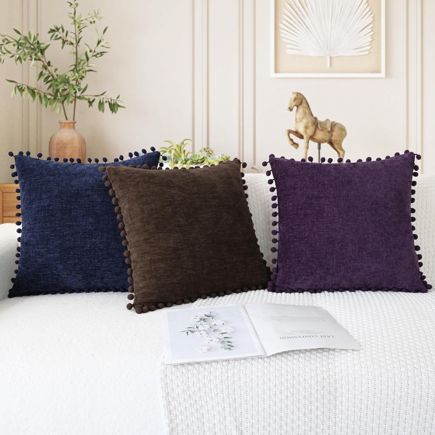 CaliTime Throw Pillow Covers Decorative 18 X 18 Inches Pack of 2 Cozy Solid Dyed Soft Chenille Cushion Cases with Pom Poms for Couch Sofa Bed Living Room Home Coffee