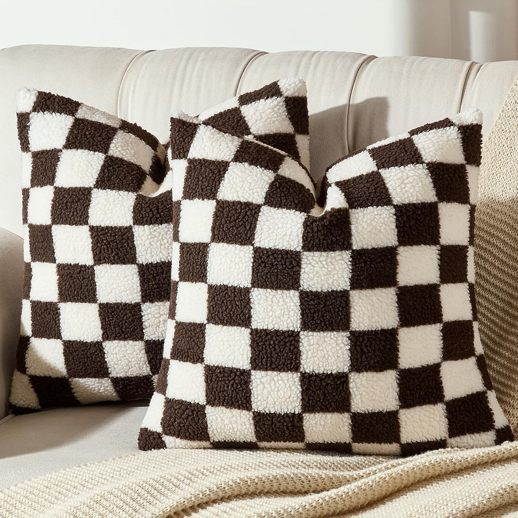 AmHoo Pack of 2 Decorative Throw Pillow Covers Checkerboard Luxury Super Soft Faux Fur Wool Set Case Cushion for Couch Sofa Bedroom 20 x 20-Inch Coffee