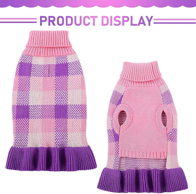 Dog Sweater Dress Plaid Knitwear for Small Medium Dogs Warm Puppy Pet Turtleneck Stretch Pullover Cute Fall Winter Vest Clothes with Leash Hole for Christmas (Purple, 2XL)