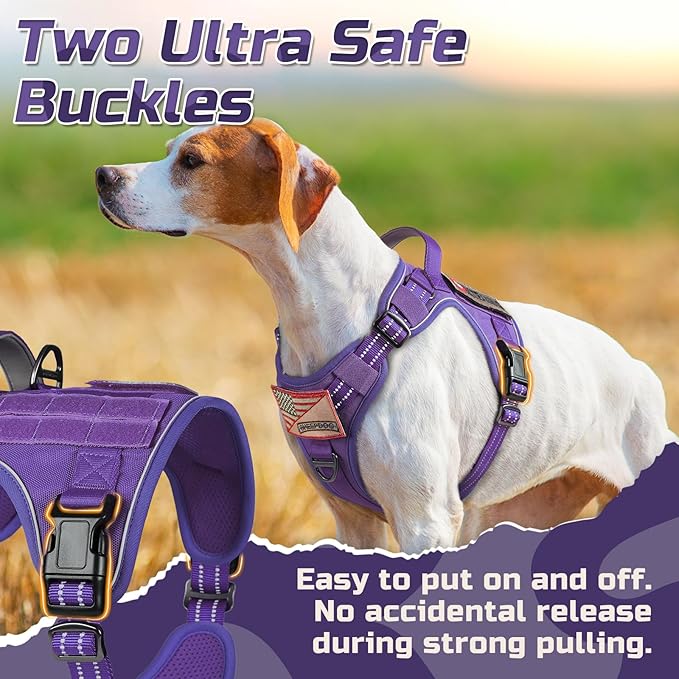 rabbitgoo Tactical Dog Harness for Large Dogs, No Pull Military Service Vest with Handle & Molle, Easy Control for Training Walking, Adjustable Reflective Straps, Purple, L