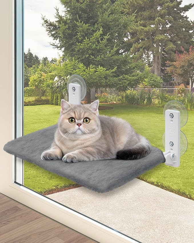 keny Foldable Cat Window Perch with 4 Larger Suction Cups, Cordless Window Bed with Reversible Cover for Cats Inside, Grey