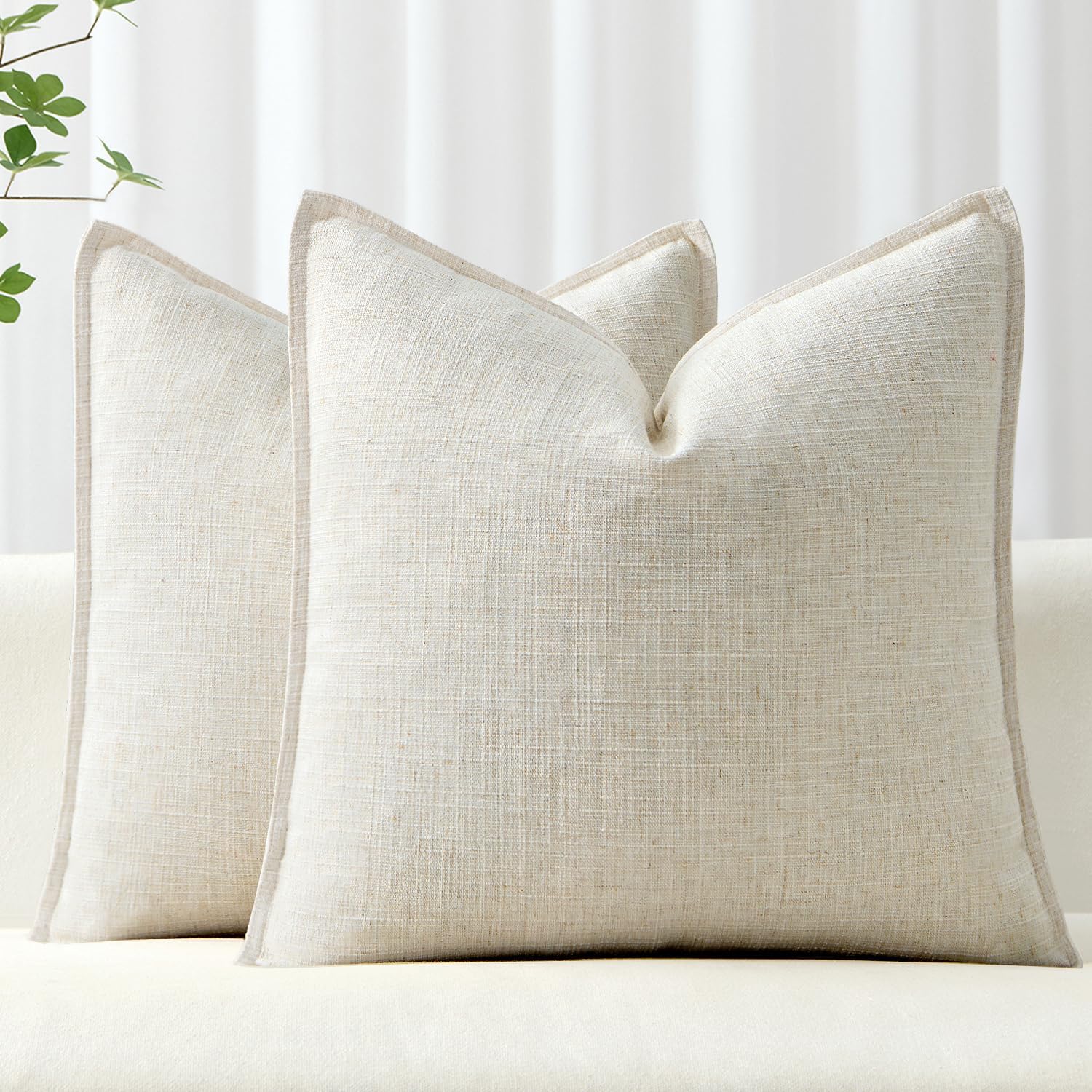 MIULEE Decorative Pillow Covers 22x22, 2 Pack Boho Farmhouse Neutral Throw Pillows for Couch, Thick Textured Modern Linen Cushion Cases Sofa Bed Living Room Home Decor, Cream White