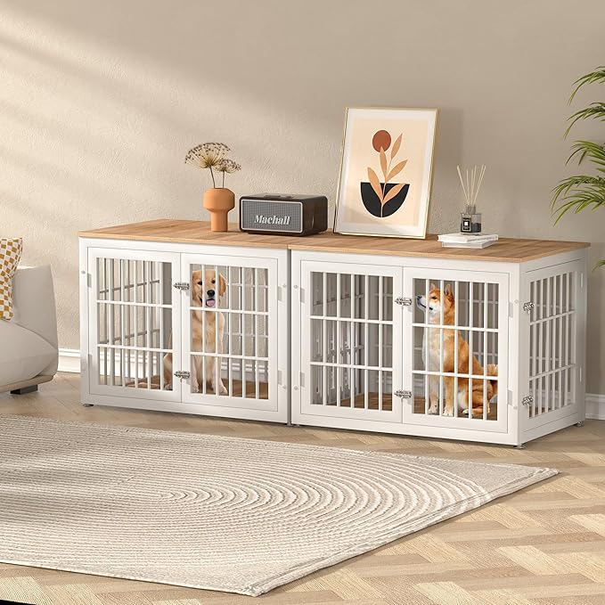 38 Inch Heavy Duty Dog Crate Furniture for Large and Medium Dogs, Decorative Pet House End Table, Wooden Cage Kennel Furniture Indoor, Natural and White