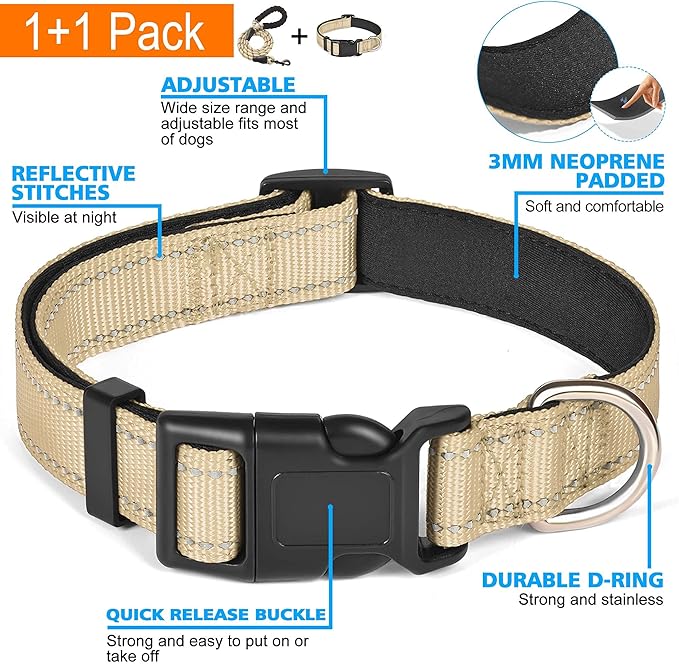 Reflective Dog Collar Padded with Soft Neoprene Breathable Adjustable Nylon Dog Collars for Small Medium Large Dogs (X-Small (Pack of 1), Vanilla Collar+Leash)