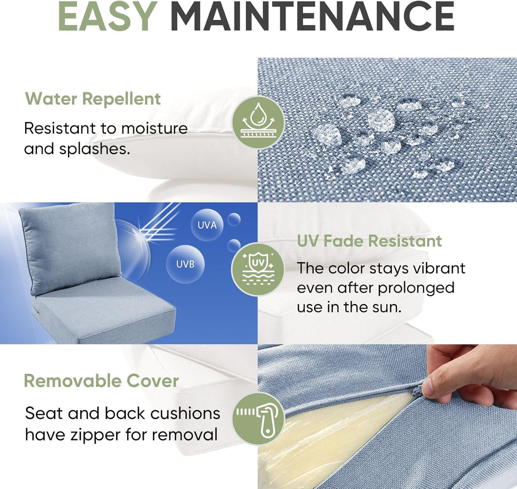 Outdoor Chair Cushion Set, 24x24 Waterproof Patio Chair Cushions, 6" Thickened Seat Cushion for Outdoor Chairs and Couch, Include 1 Back Pillow and 1 Seat Cushion, Thick/Babyblue