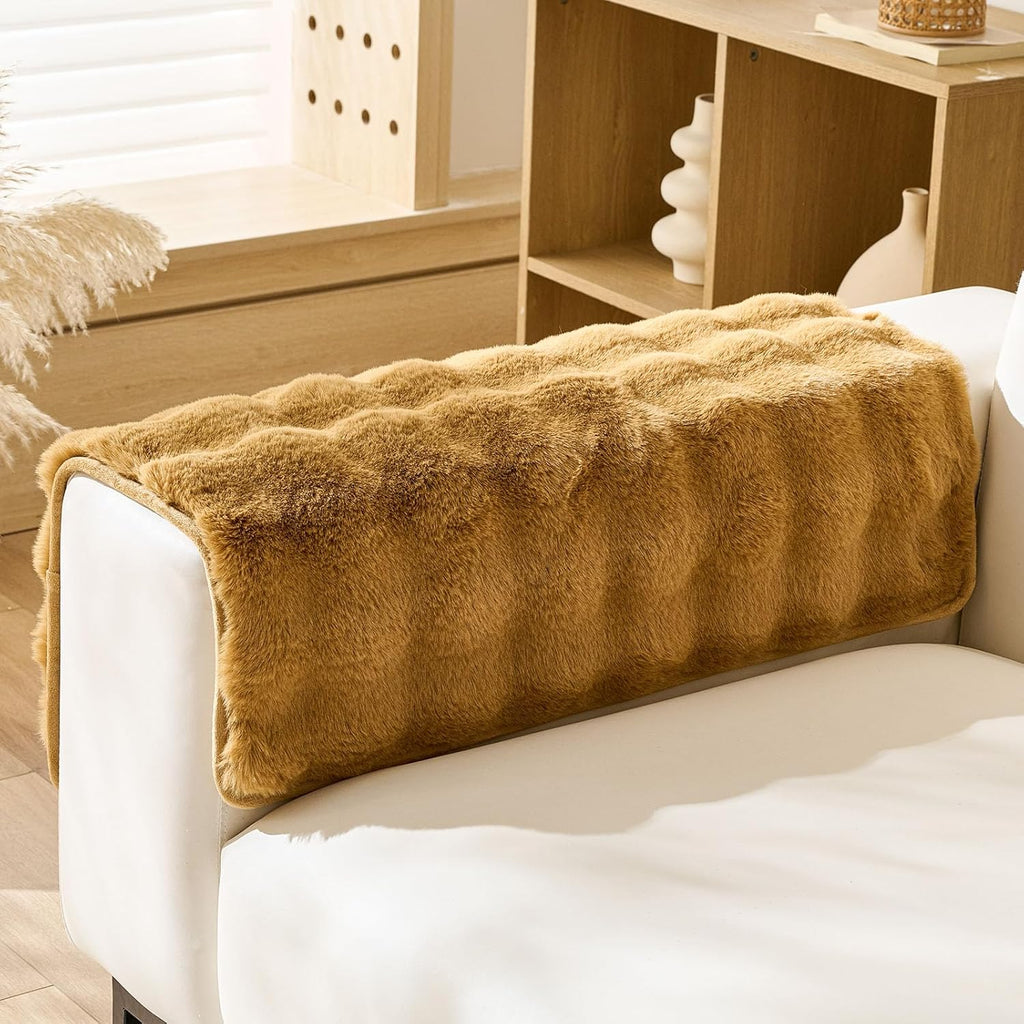 Faux Fur Armrest Cover Backrest Cover Fuzzy Plush Thick Bubble Sofa Cover Luxury Soft Cozy Couch Cover Anti-Slip Sofa Slipcover Washable Furniture Protector (Brown Yellow,28"x28")