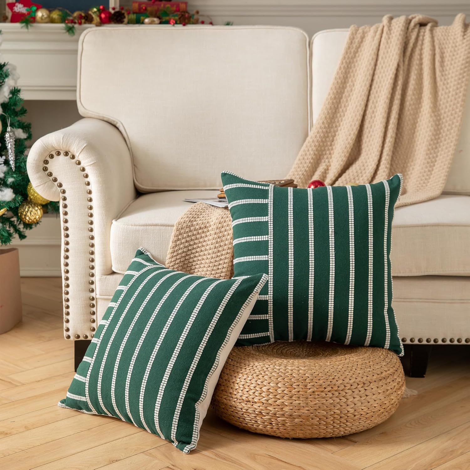 Boho Throw Pillow Covers 20x20 Set of 2 Soft Farmhouse Decorative Couch Pillow Cases Dark Green Striped Pillow Covers Neutral Cushion Covers for Sofa Bed Living Room Home Decor