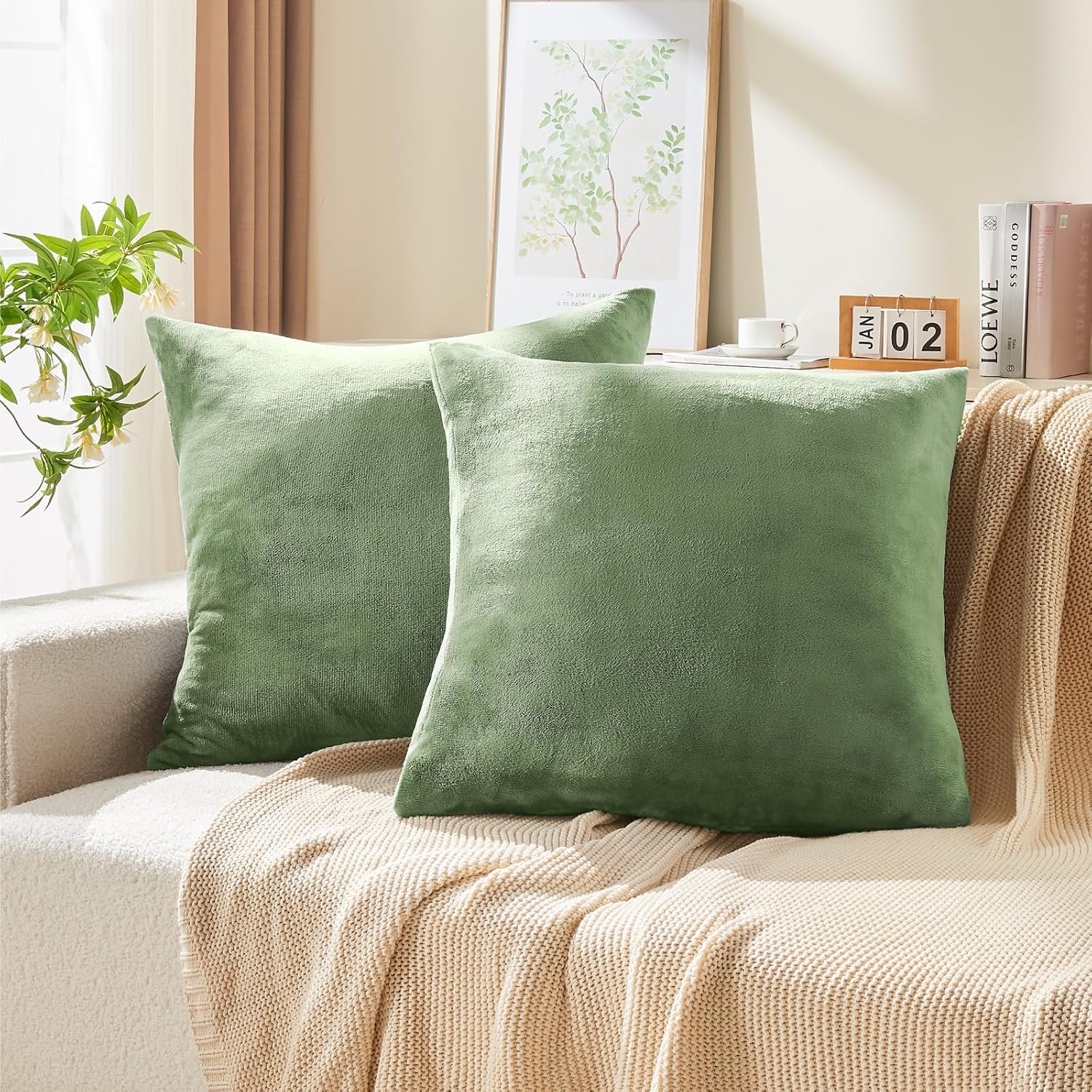 BEDELITE Velvet Pillow Covers 26x26 with Zipper, 2 Pack Super Soft Square Pillow Covers for Bedroom, Sofa, Luxury Cozy Fleece Pillowcases for All Seasons(26x26 Inches, Sage Green)