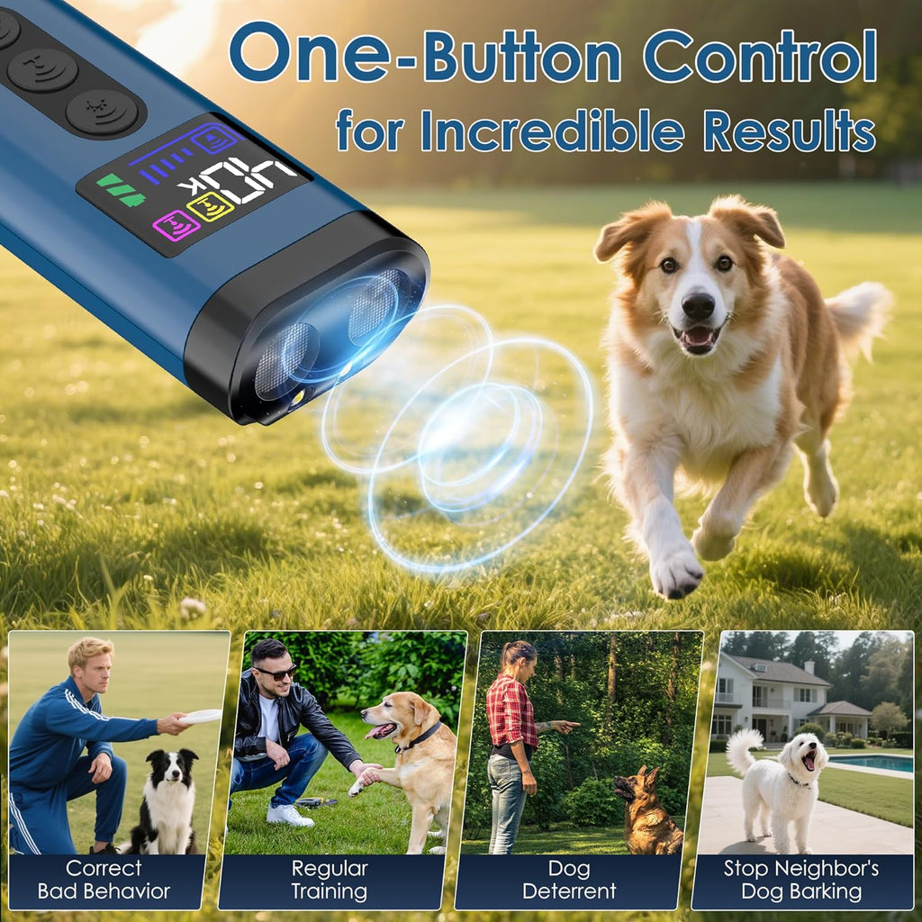 Dog Bark Deterrent Device, 65 FT Range,3X Ultrasonic Bark Deterrent Device & Ultrasonic Dog Trainer - Anti-Barking Device with Color Display, Safe & Effective Alternative to Bark Collars -Blue