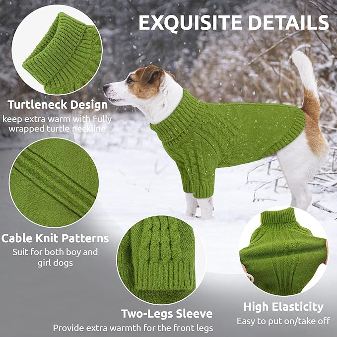 Queenmore Dog Sweaters for Small Dogs, Long Sleeve Doggie Sweater with High Neck, Soft Comfortable Pet Pullover with Patterns, Christmas Warm Dog Kintsweater for Chihuahua Yorkie Pomeranian (Green,S)