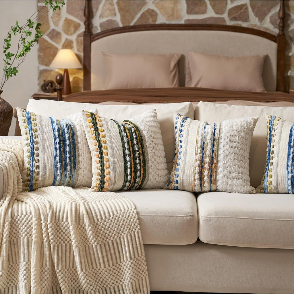 Aeckself Boho Chenille Tufted Throw Pillow Covers 18x18 Inch Set of 2, Farmhouse Decorative Striped Square Pillow Covers Accent Neutral Pillowcase for Living Room Couch Bed, Caramel Brown