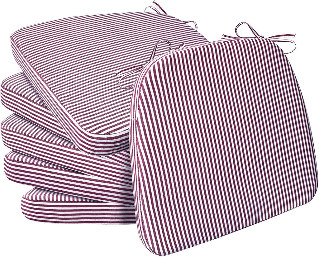 AAAAAcessories D-Shaped Chair Cushions, 2" Thick Dining Chair Pads with Ties and Removable, Machine-Washable Cover, 17" x 16", Set of 6, Pinstripe Red