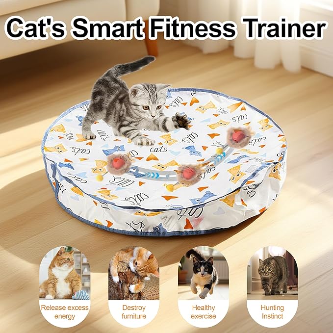 Interactive Cat Toys Ball - 2pcs Automatic Fast Rolling Ball in Play Mat, Hide and Seek Mouse Catching Game, Low-Noise Cat Enrichment Toys in Pouch for Indoor Bored Cats(Paw Print Pattern - Round)