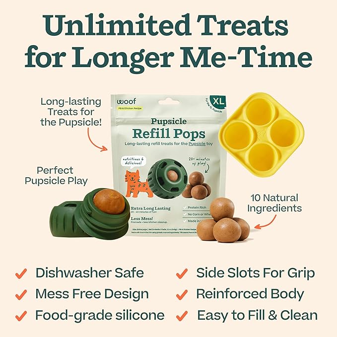 WOOF Starter Pack - Interactive Dog Toys for Boredom - Dog Treat Molds Silicone - Chicken-Flavored Healthy Treats for Dogs - Pupsicle Doggy Enrichment Toy - for XL Pups - 25-75 lbs