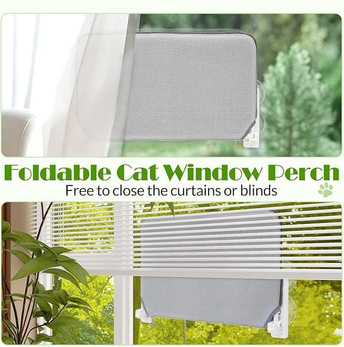 keny Cordless Foldable Cat Window Perch, Reversible Cover with Two Different Kinds of Fabrics, Dark Grey