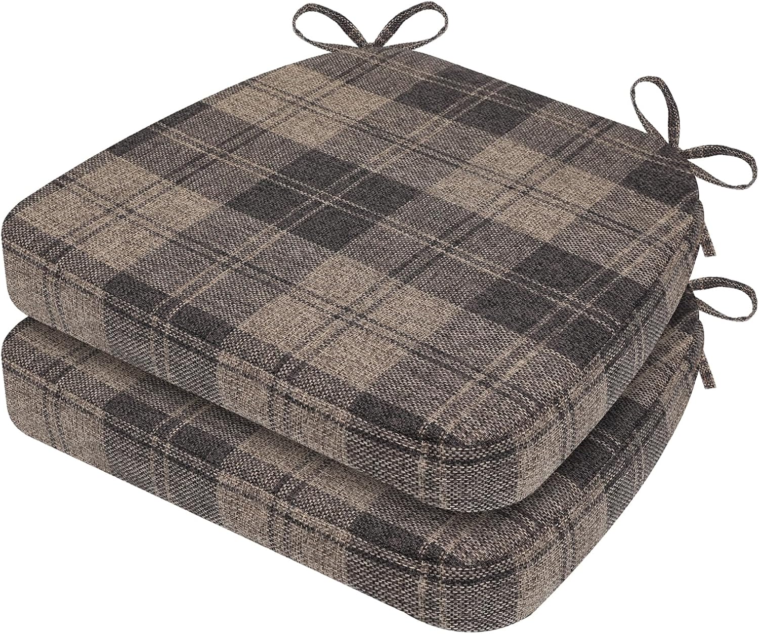 AAAAAcessories D-Shaped Chair Cushions, 2" Thick Dining Chair Pads with Ties and Removable, Machine-Washable Cover, 17" x 16", Set of 2, Brown Checkered