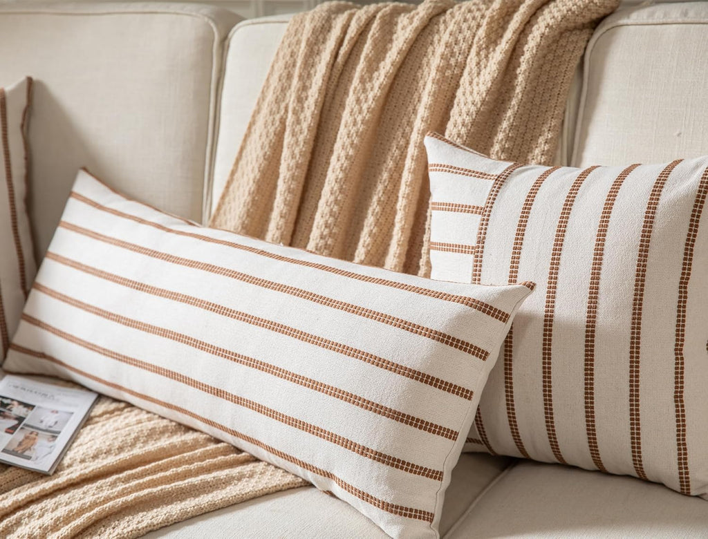 Caflife Boho Lumbar Throw Pillow Cover 14X36 Long Soft Farmhouse Decorative Couch Pillow Cases Brown Striped Body Pillow Covers Neutral Cushion Covers for Sofa Bed Living Room Home Decor Pack of 1