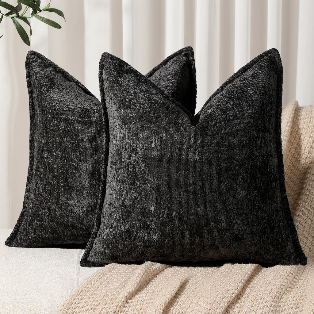 Pack of 2 Black Euro Shams Pillow Covers 26x26 Cozy Soft Chenille Decorative Throw Pillow Covers Accent Vintage Square Couch Pillow Covers for Home Decor Bed Sofa Living Room