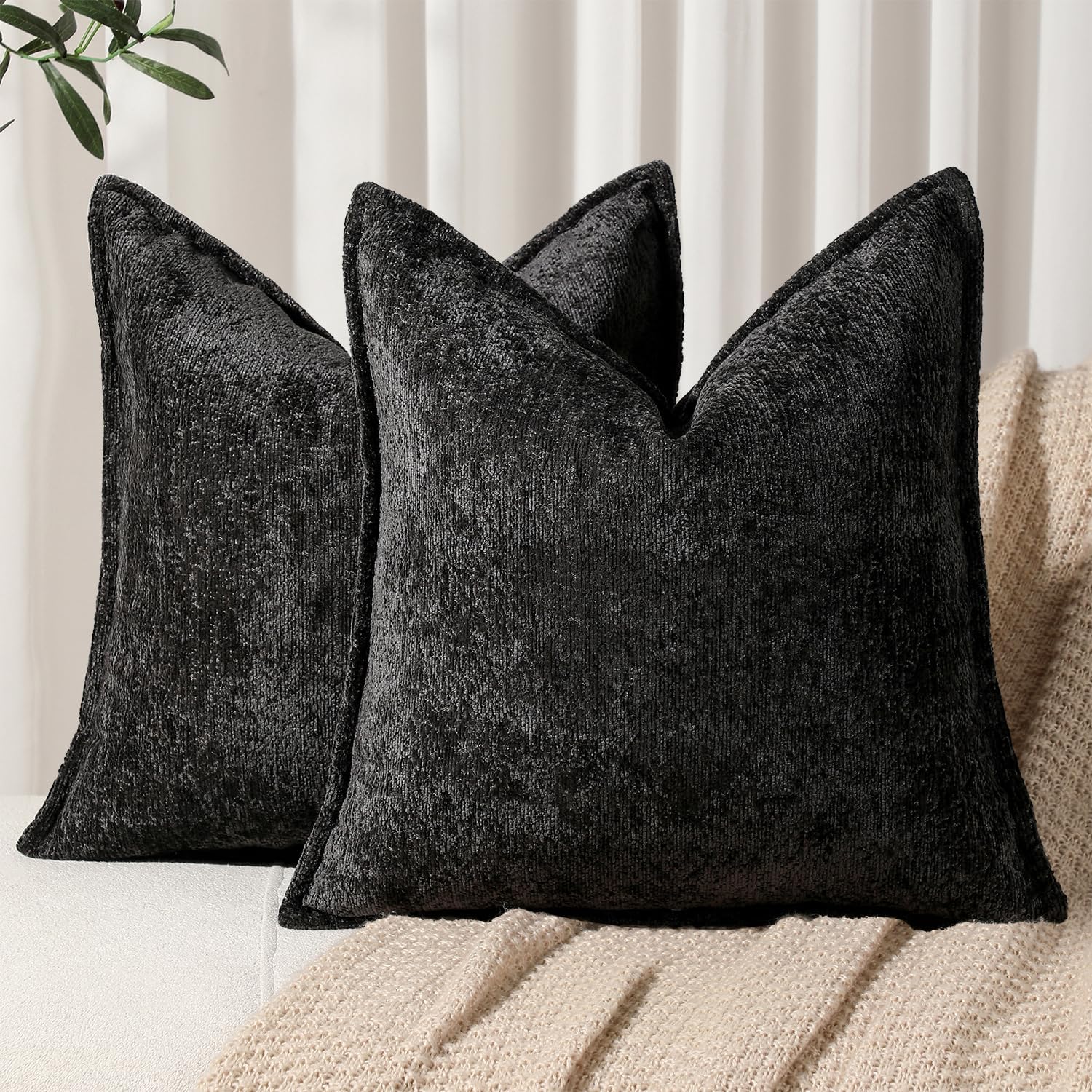 Pack of 2 Black Decorative Throw Pillow Covers 18x18 Cozy Soft Chenille Accent Vintage Square Couch Pillow Covers for Home Decor Bed Sofa Living Room
