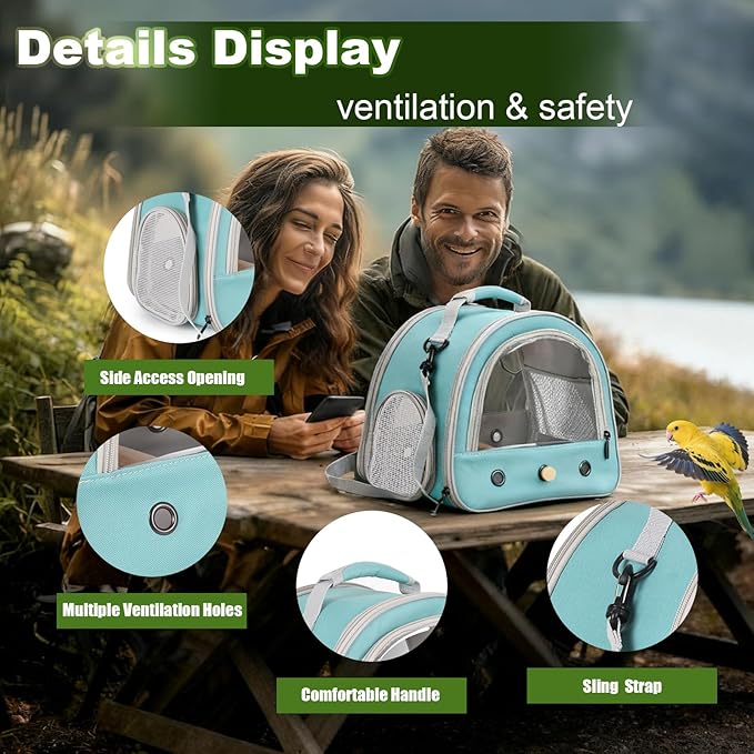 Portable Parrot Travel Cage Carrier with Small Swing Toy&Cage Colorful Toys Set Small Bird Parakeet Bag with Standing Perch Bird Carry Transport Bag (Green, Carreir/Swing)