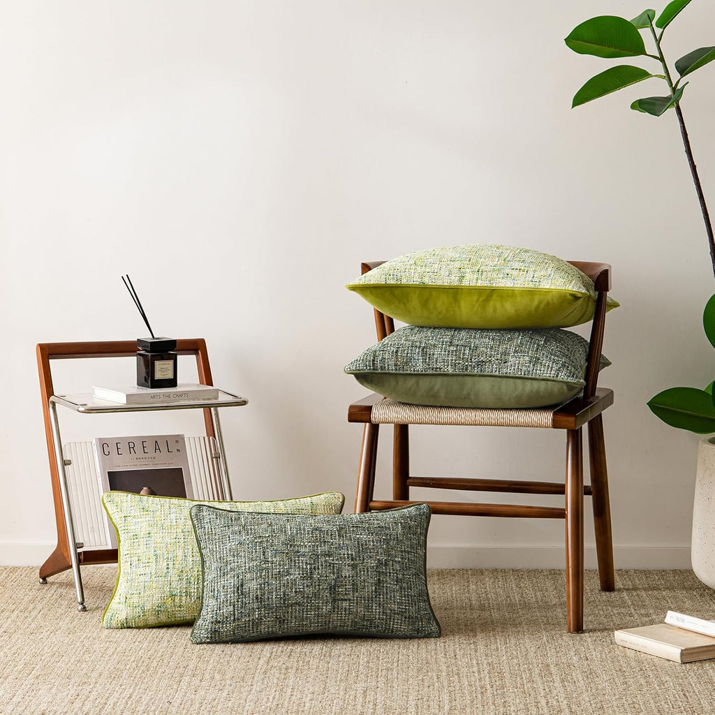 a moment Green Reversible Pillow Covers 2 Pack - Farmhouse Chenille Throw Pillows, Neutral Textured Decorative Throw Pillow Covers with Border for Couch Sofa Bed (18x18 Inch, No Insert)