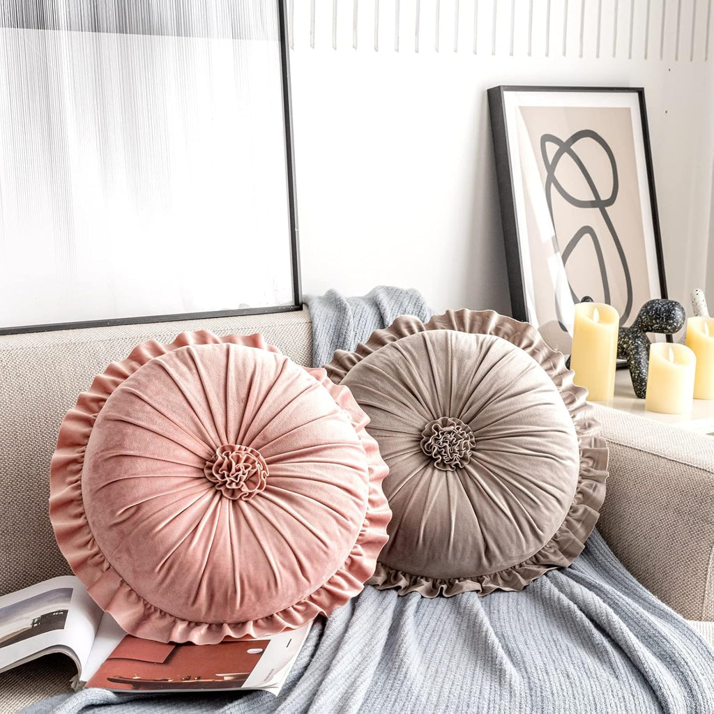 S SSOY Velvet Round Pillow - Ruffle Home Decoration Cushion for Sofa, Chair, Bed, Window, Floor, 13.7in