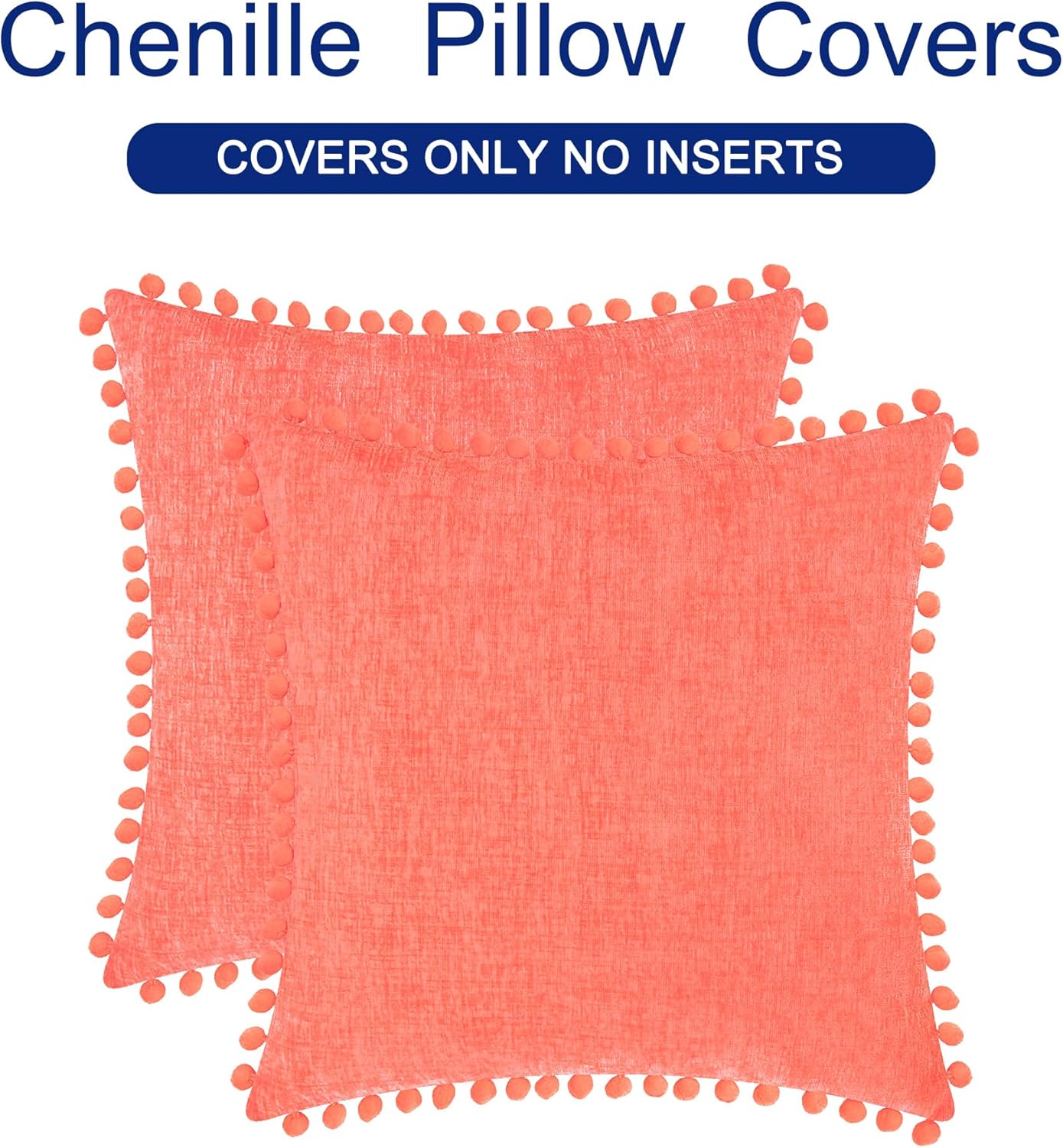 CaliTime Throw Pillow Covers Decorative 22 X 22 Inches Pack of 2 Cozy Solid Dyed Soft Chenille Cushion Cases with Pom Poms for Couch Sofa Bed Living Room Home Living Coral
