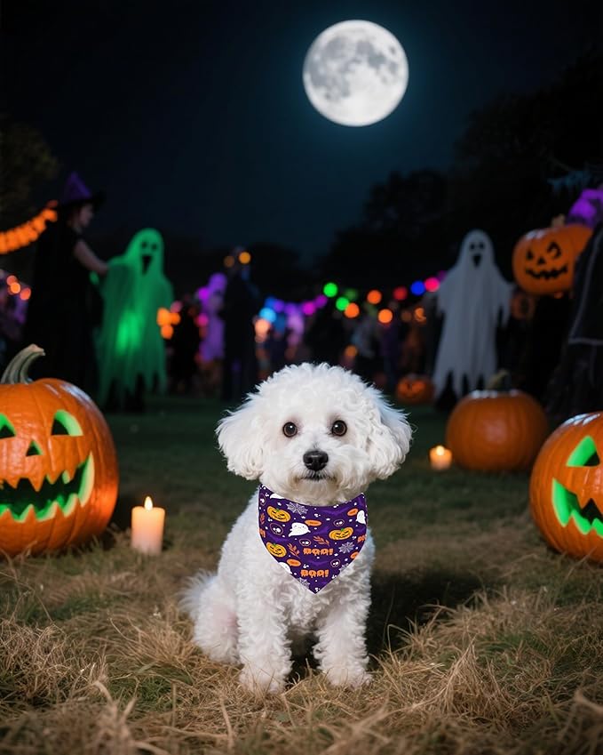 PET SHOW 100 Pack Halloween Extra Small Dog Bandanas Bulk Seamless Pumpkin Triangle Bibs Scarves XS for Puppies Cats Adjustable Grooming Kerchiefs for Girl Boy Pets Costume Accessories (Small)