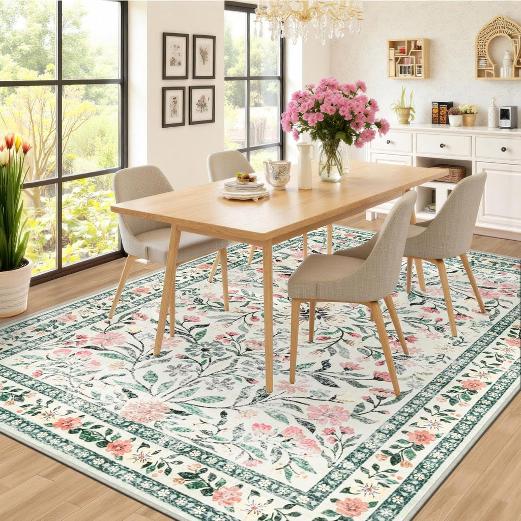 8x10 Area Rugs for Living Room: Floral Washable Rug Vintage Large Soft Boho Non-Slip Carpet Indoor Stain Resistant Low Pile Carpets for Bedroom Dining Room Farmhouse Nursery Home Office Green Beige