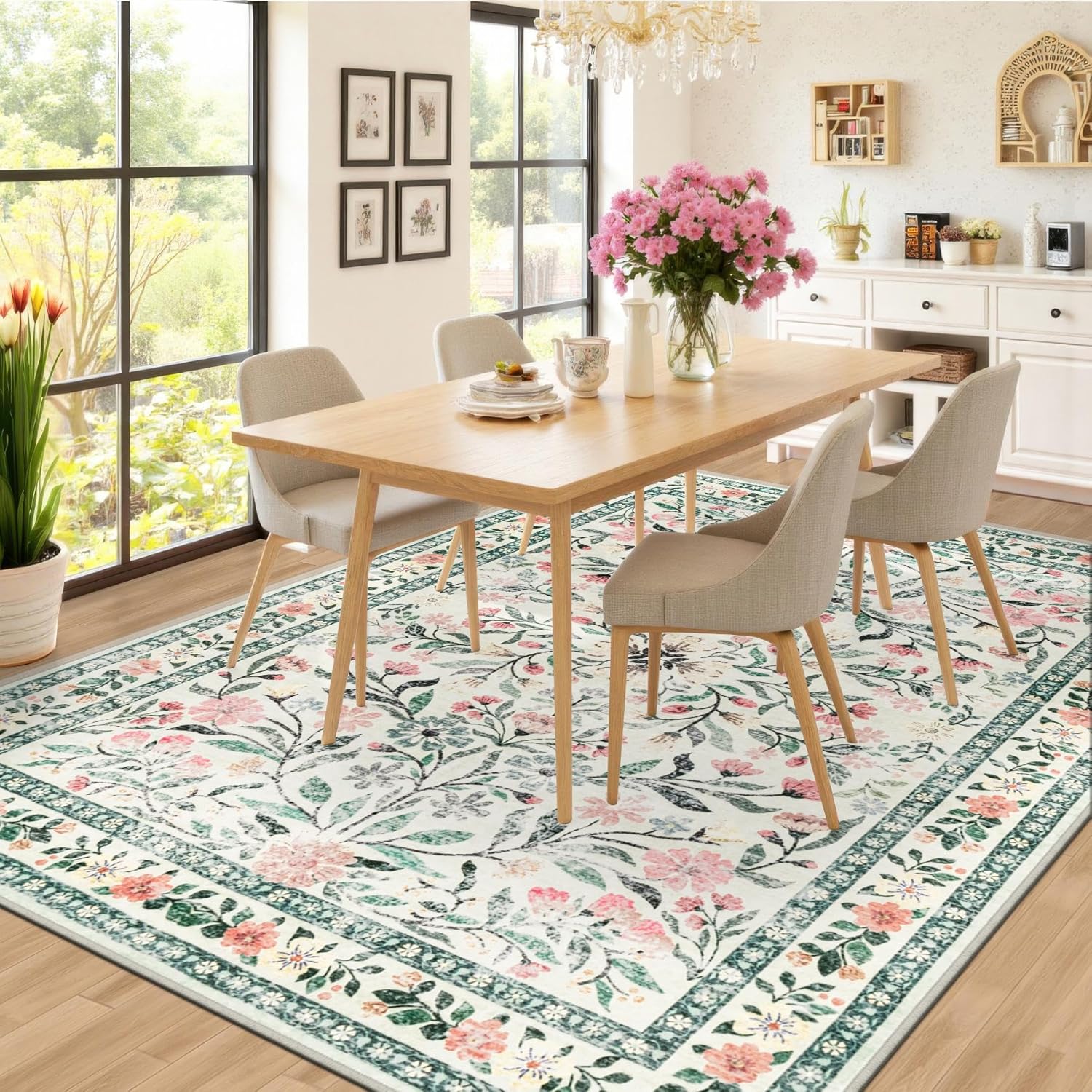 8x10 Area Rugs for Living Room: Floral Washable Rug Vintage Large Soft Boho Non-Slip Carpet Indoor Stain Resistant Low Pile Carpets for Bedroom Dining Room Farmhouse Nursery Home Office Green Beige