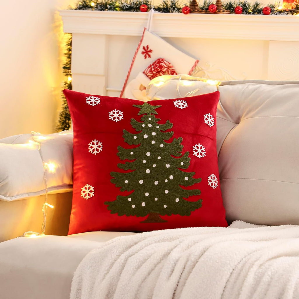 LUOYEHK Red Christmas Pillow Covers 18x18 Set of 2 Xmas Tree with Snowflakes Decorative Pillow Cases Winter Holiday Velvet Embroidered Cushion Covers for Couch Sofa Bed