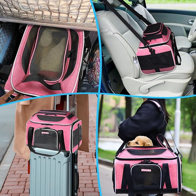Petskd Top-Expandable Pet Carrier 18x11x11 Inches Delta American United Airline Approved, Soft-Sided Carrier for Small Cats and Dogs with Locking Safety Zippers and Anti-Scratch Mesh(Pink)