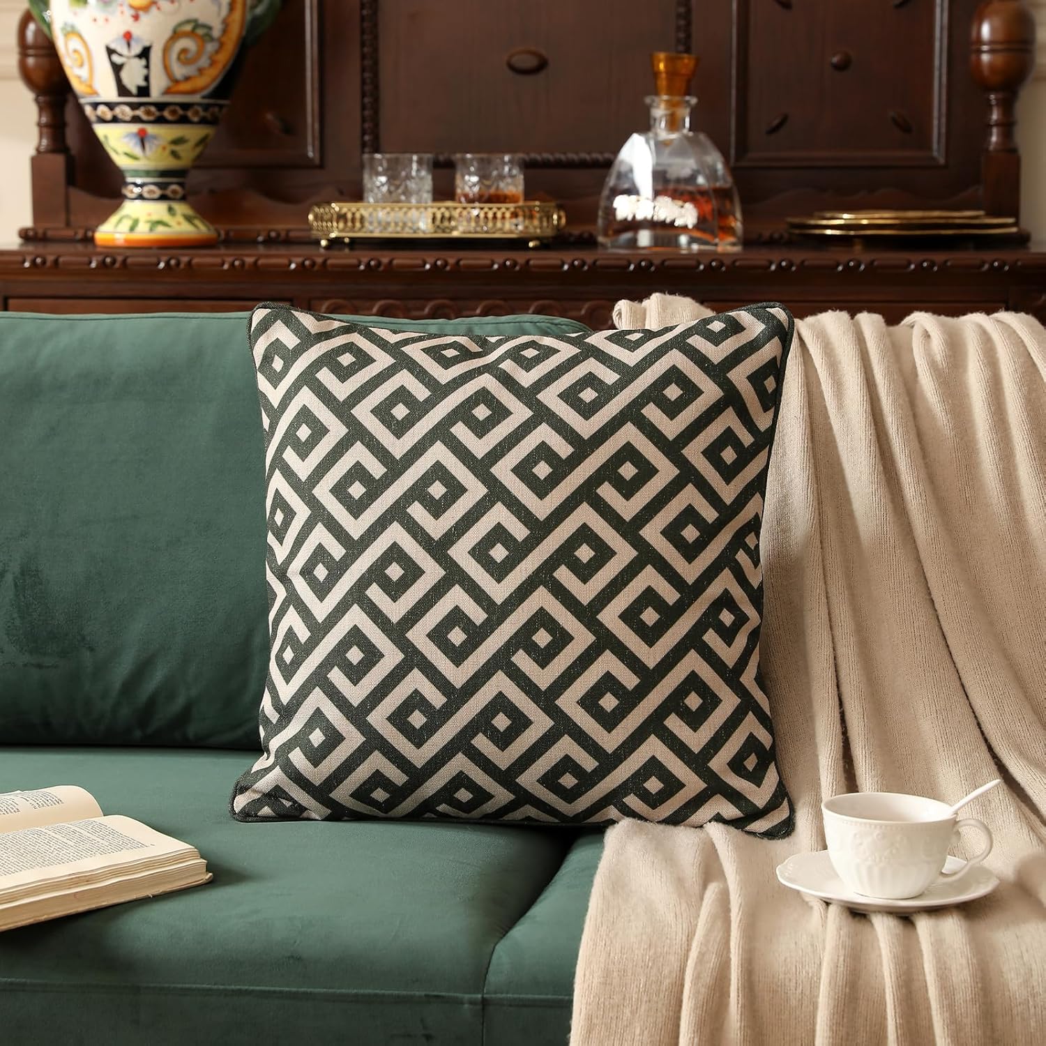 ISAENNE Design Linen Classic Vintage Throw Pillow Covers 18"x18", Minimalist Square Cushion Covers with Green Irregular Plaid Pattern Decor Pillowcases for Bed,Living Room,Outdoor,Car